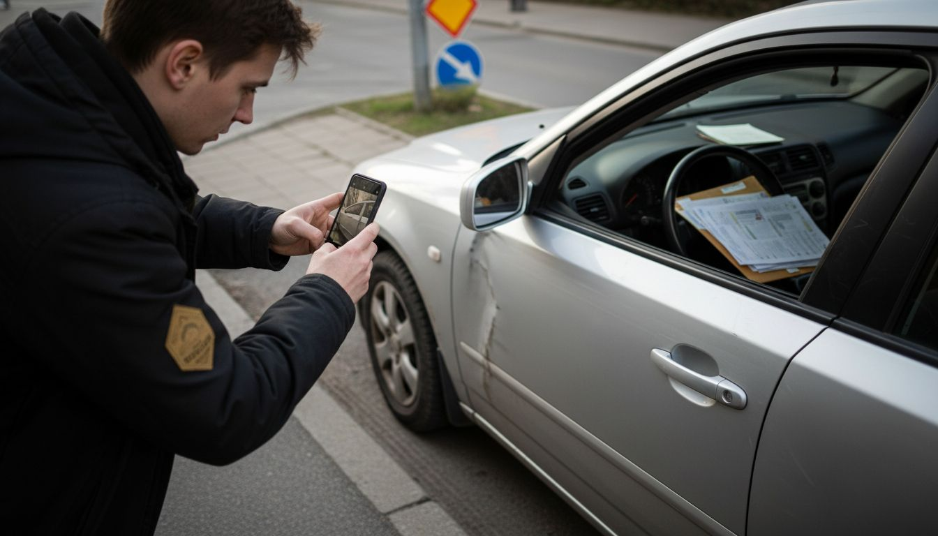 Vozač mobilnim telefonom slika štetu na svom autu parkiranom pored ulice.