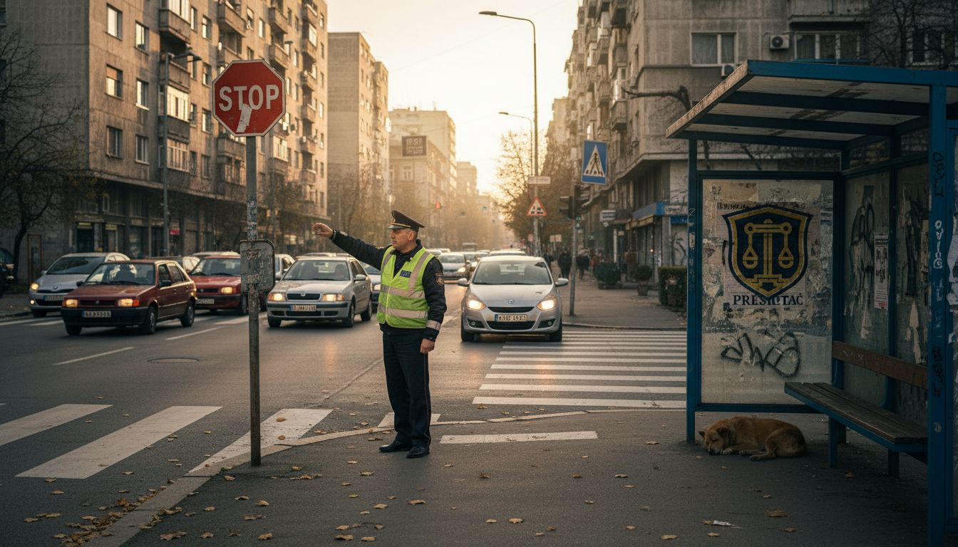 Saobraćajac reguliše gužvu u prometnoj beogradskoj ulici.