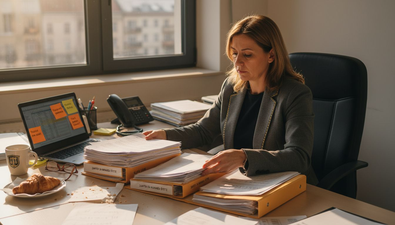 Žena sređuje papire od osiguranja za radnim stolom u kancelariji.