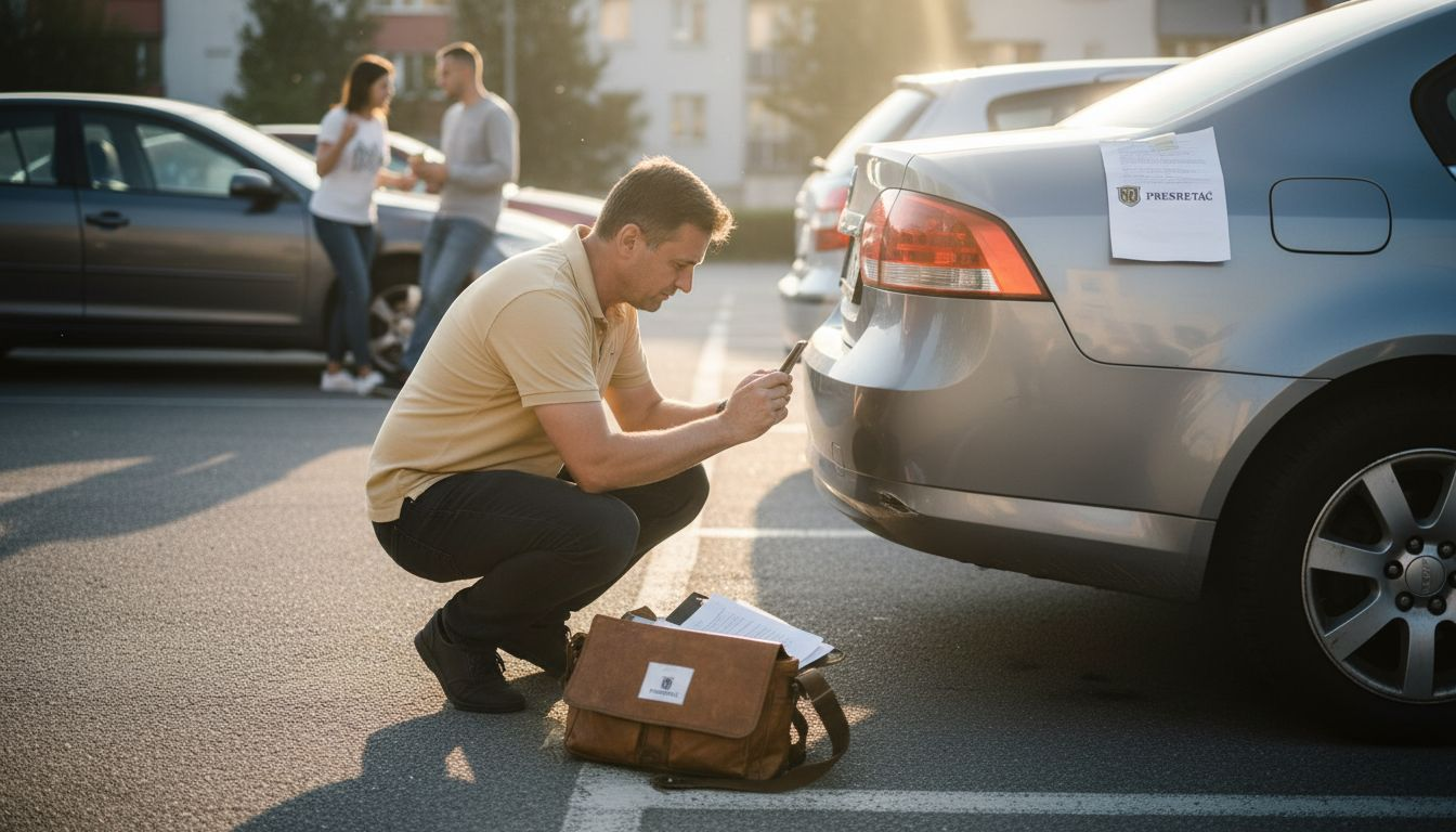 Čovek slika oštećenje na svom automobilu.