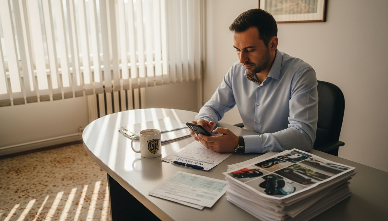 Muškarac pregledava papire za odštetni zahtev nakon saobraćajne nezgode.