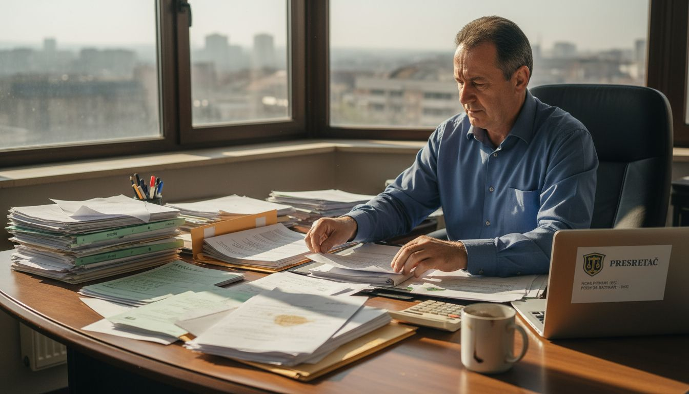 Muškarac sedi za radnim stolom i detaljno proučava papire u vezi sa osiguranjem.