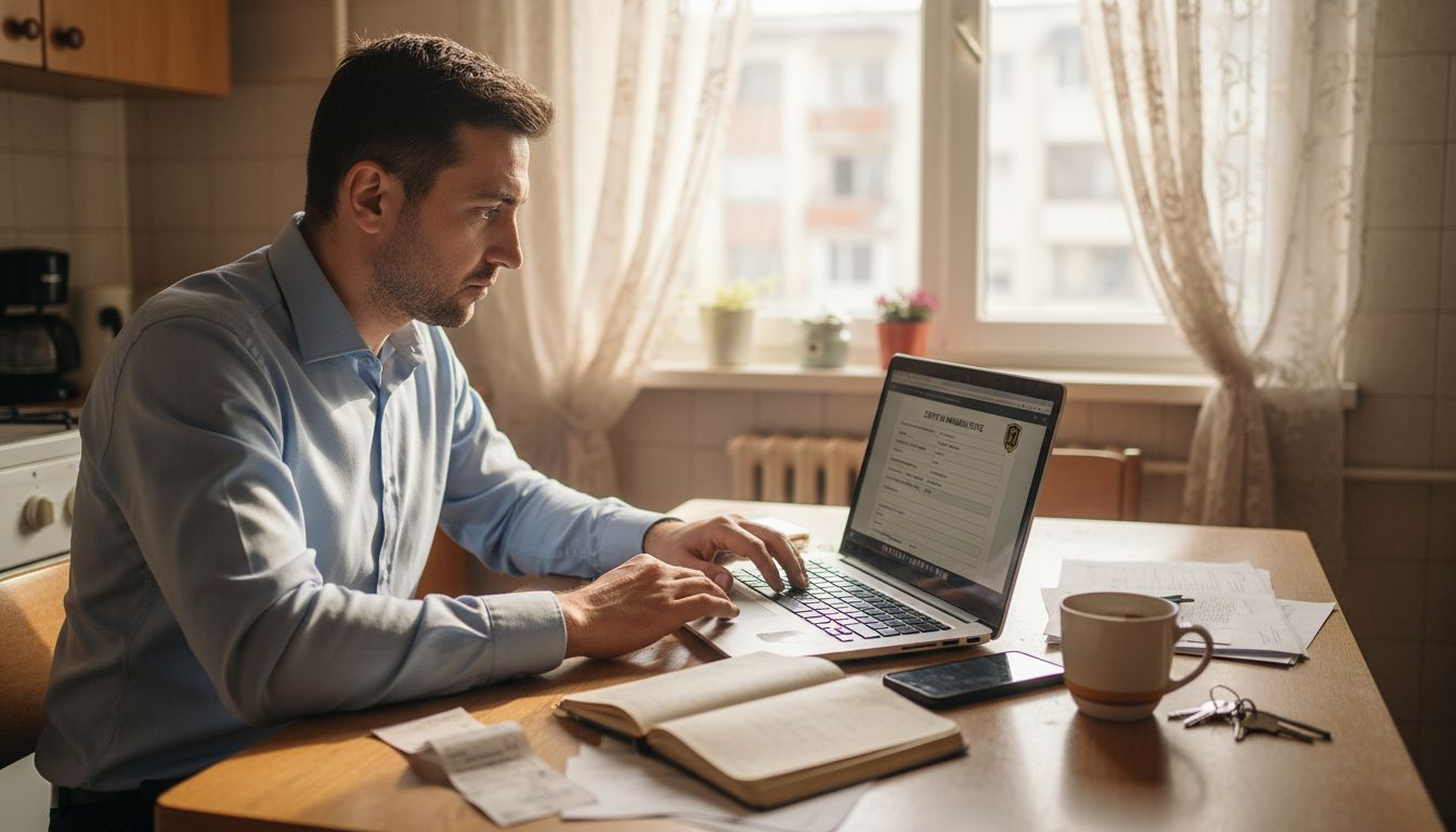 Muškarac sedi za kuhinjskim stolom i popunjava papire za osiguranje.