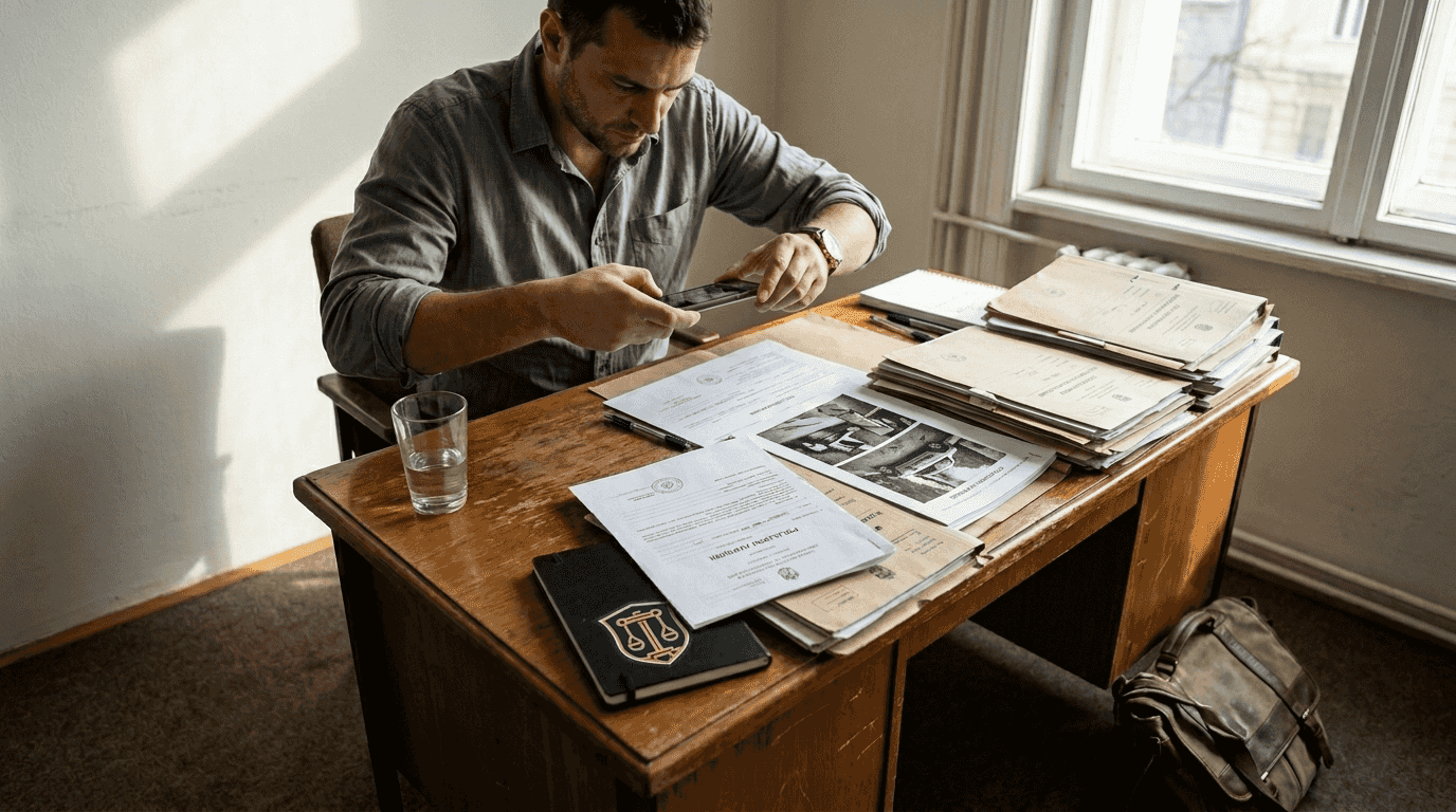 Muškarac slika papire vezane za štetu u svojoj kancelariji.