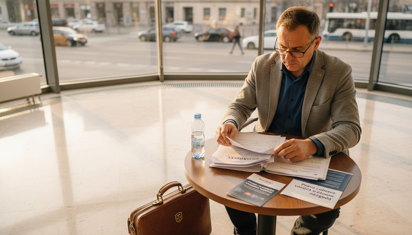 Vozač u kancelariji detaljno proučava dokumentaciju vezanu za saobraćajnu nezgodu.