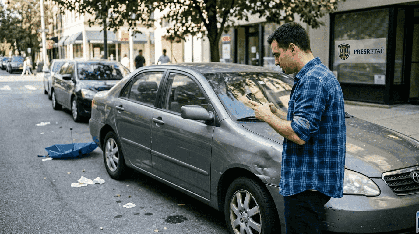 Osoba fotografiše oštećenja na automobilu i zapisuje detalje nakon saobraćajne nezgode.
