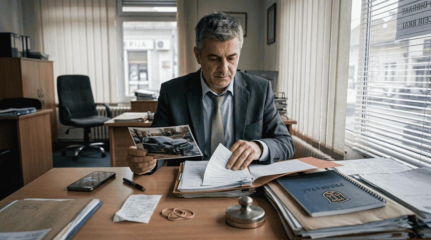 Muškarac popunjava papirologiju za prijavu saobraćajne nesreće.