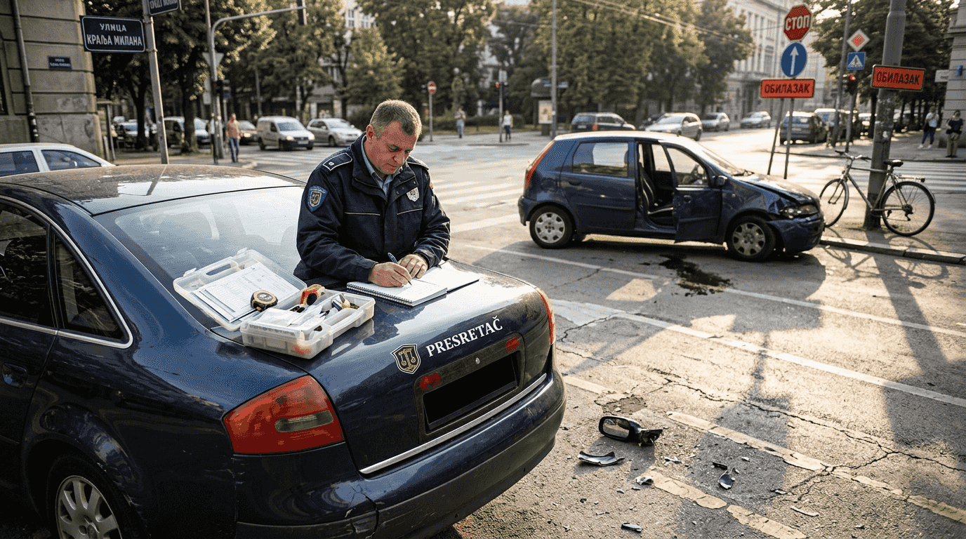 Policajac vrši uviđaj na mestu saobraćajne nezgode.