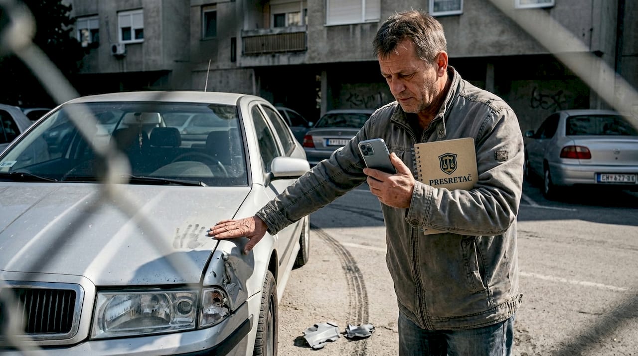 Vozač nakon saobraćajne nezgode slika oštećenje na automobilu za osiguranje.