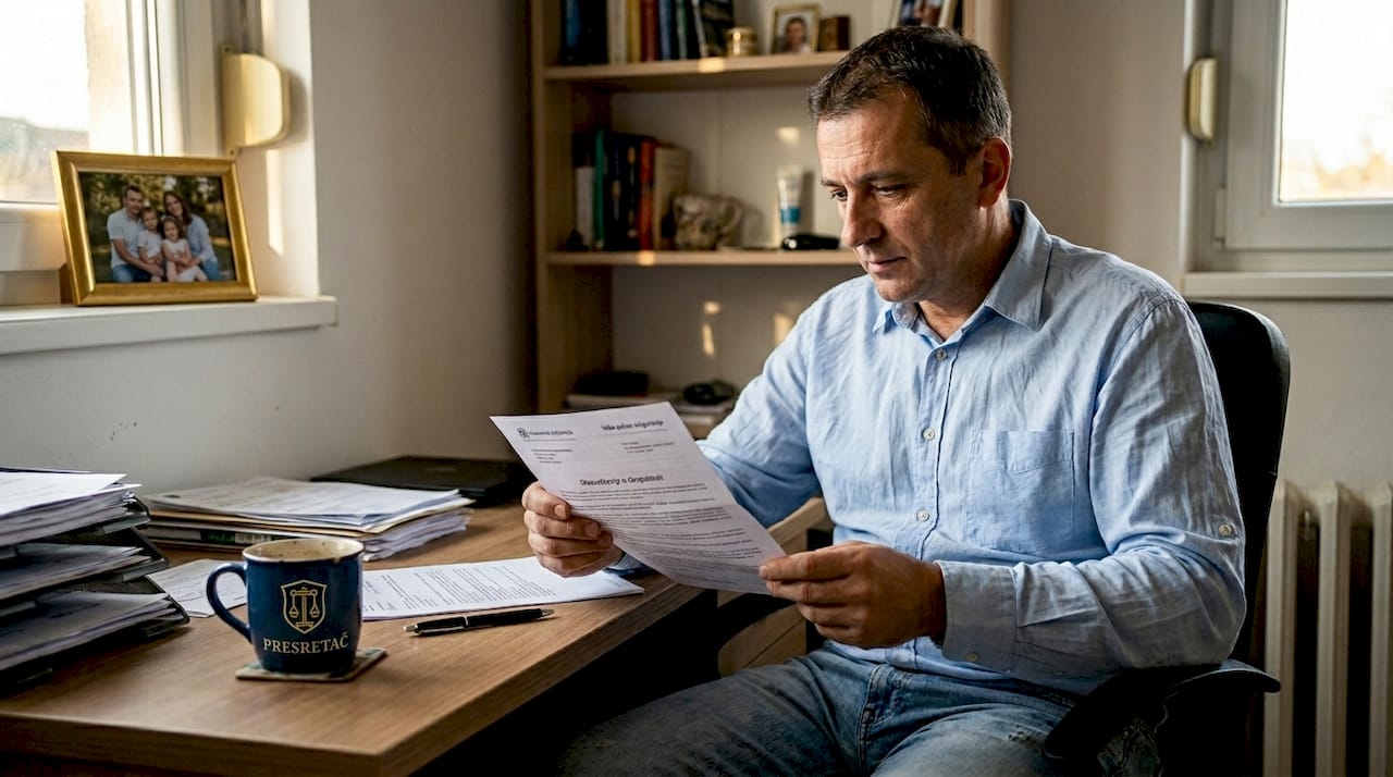 Muškarac detaljno proučava dokumentaciju za odštetni zahtev kod osiguranja.
