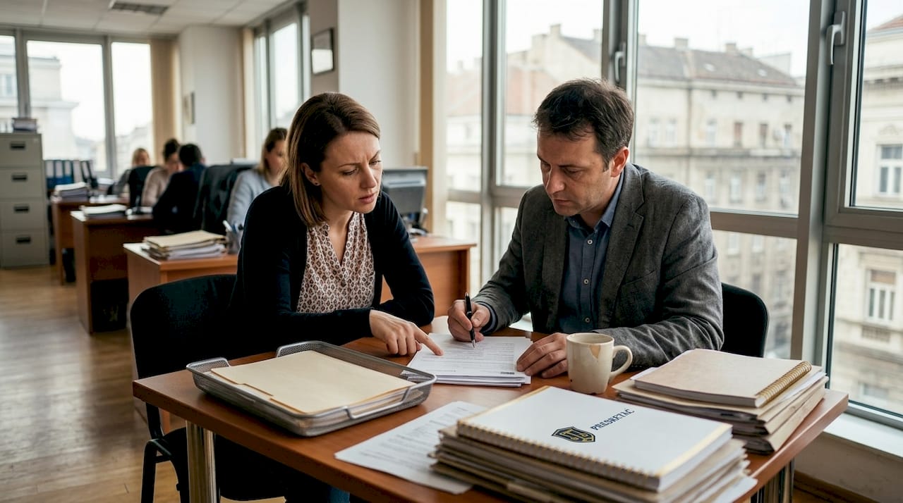 Klijent i advokat zajedno pregledaju i razmatraju potrebnu dokumentaciju za podnošenje zahteva.