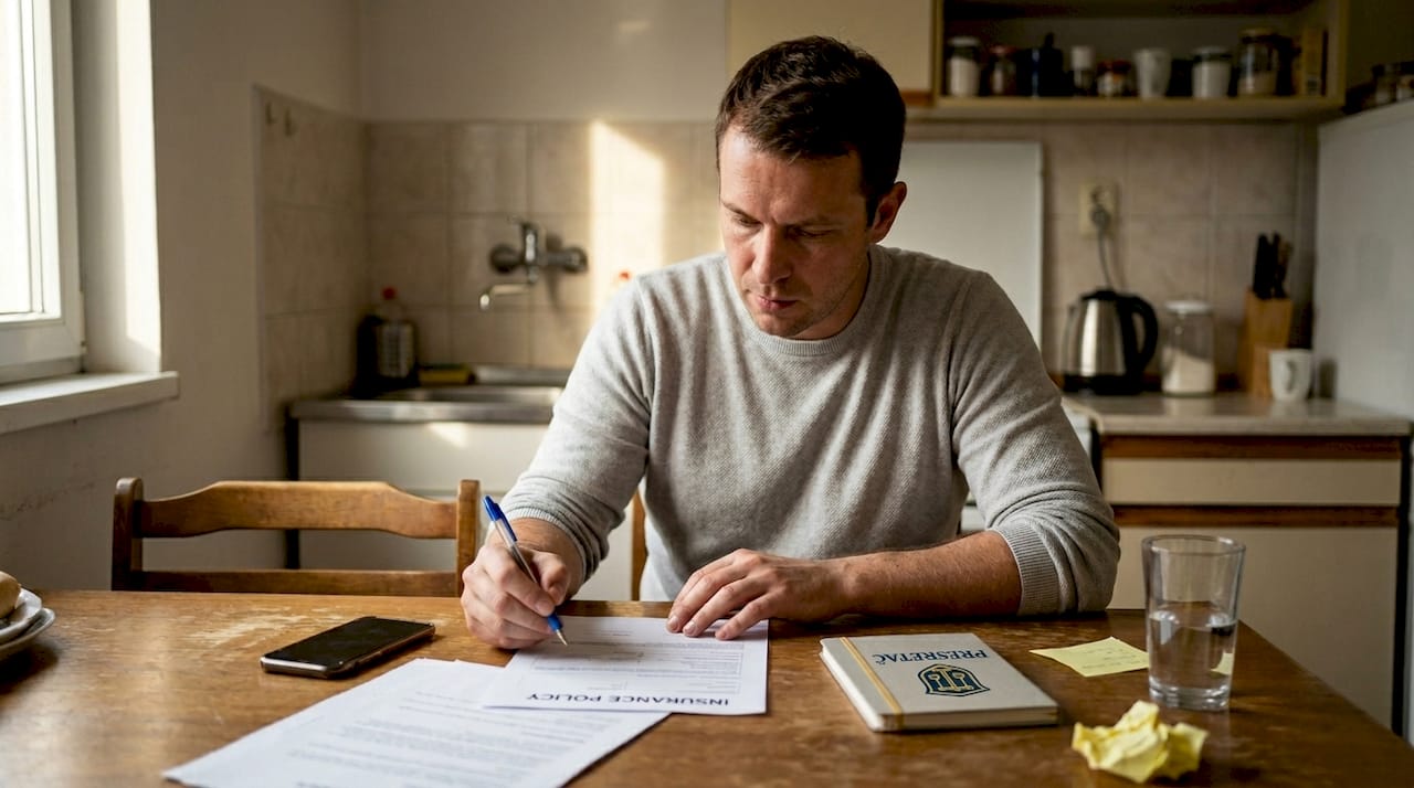 Muškarac sedi za kuhinjskim stolom i pažljivo proučava papire od osiguranja.