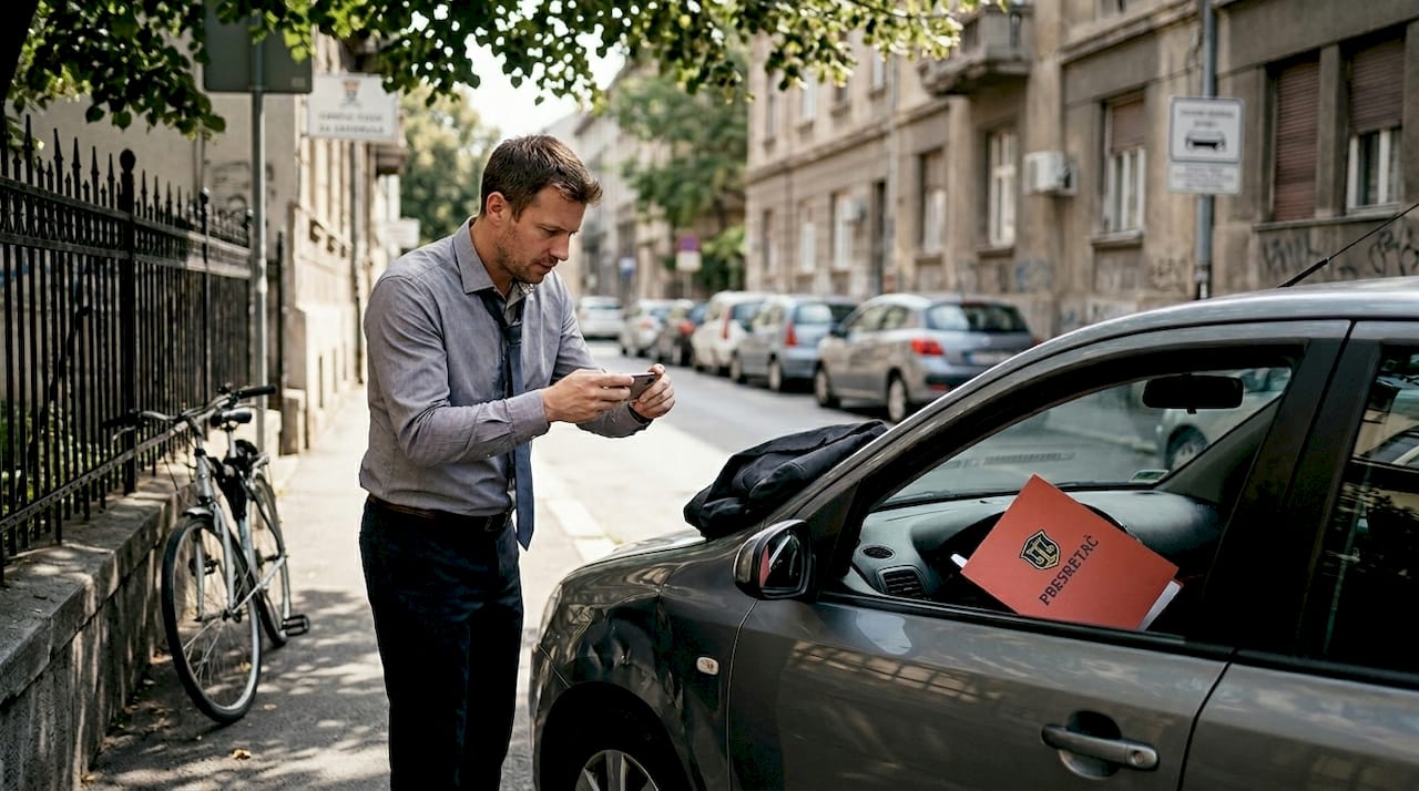 Vozač slika automobil kako bi zabeležio štetu nastalu u saobraćajnoj nezgodi.