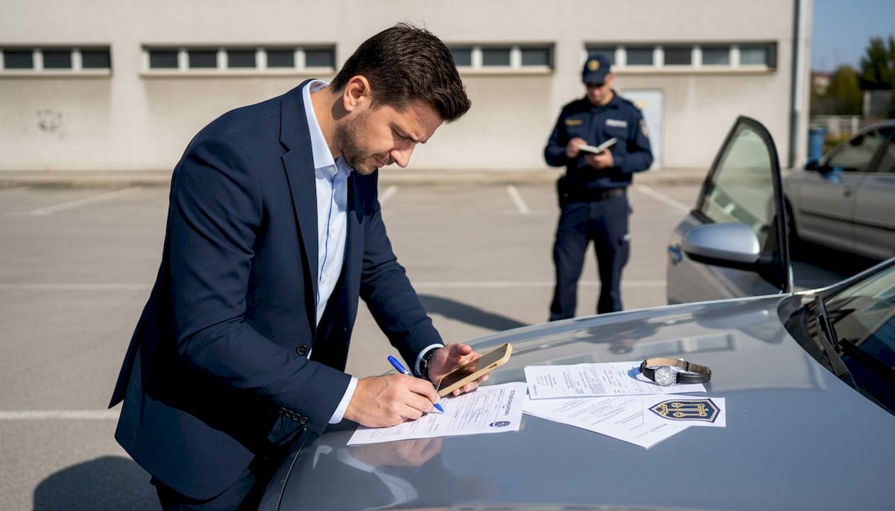 Vozač i policajac zajedno popunjavaju zapisnik o saobraćajnoj nezgodi.