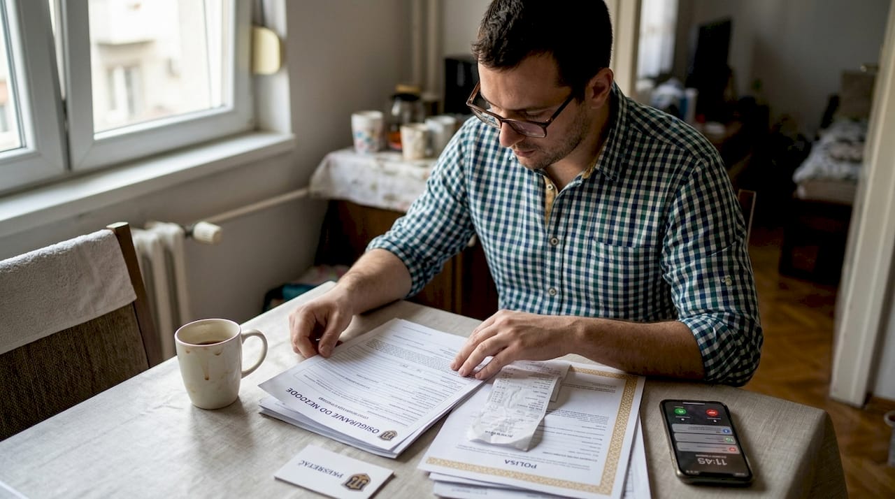Muškarac sedi za kuhinjskim stolom i pažljivo pregledava svoje finansije nakon nesreće, pokušavajući da sagleda sve troškove i planira naredne korake.