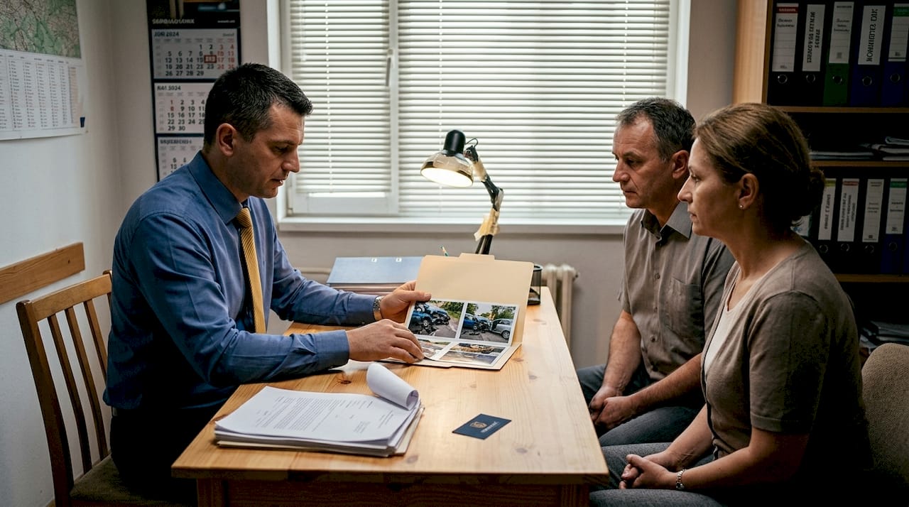 Stručnjak za osiguranje detaljno proučava dokumentaciju o saobraćajnoj nezgodi.