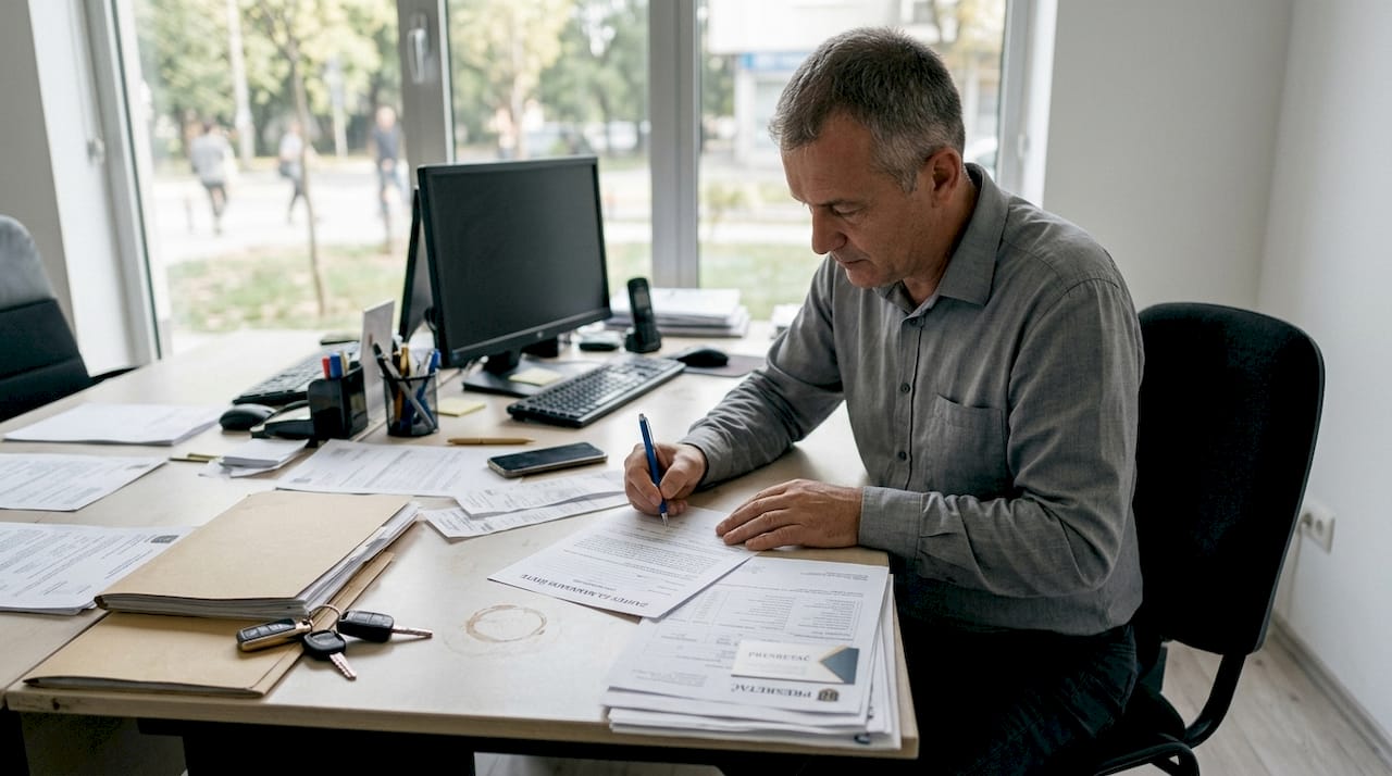 Muškarac ispunjava papire za prijavu štete.