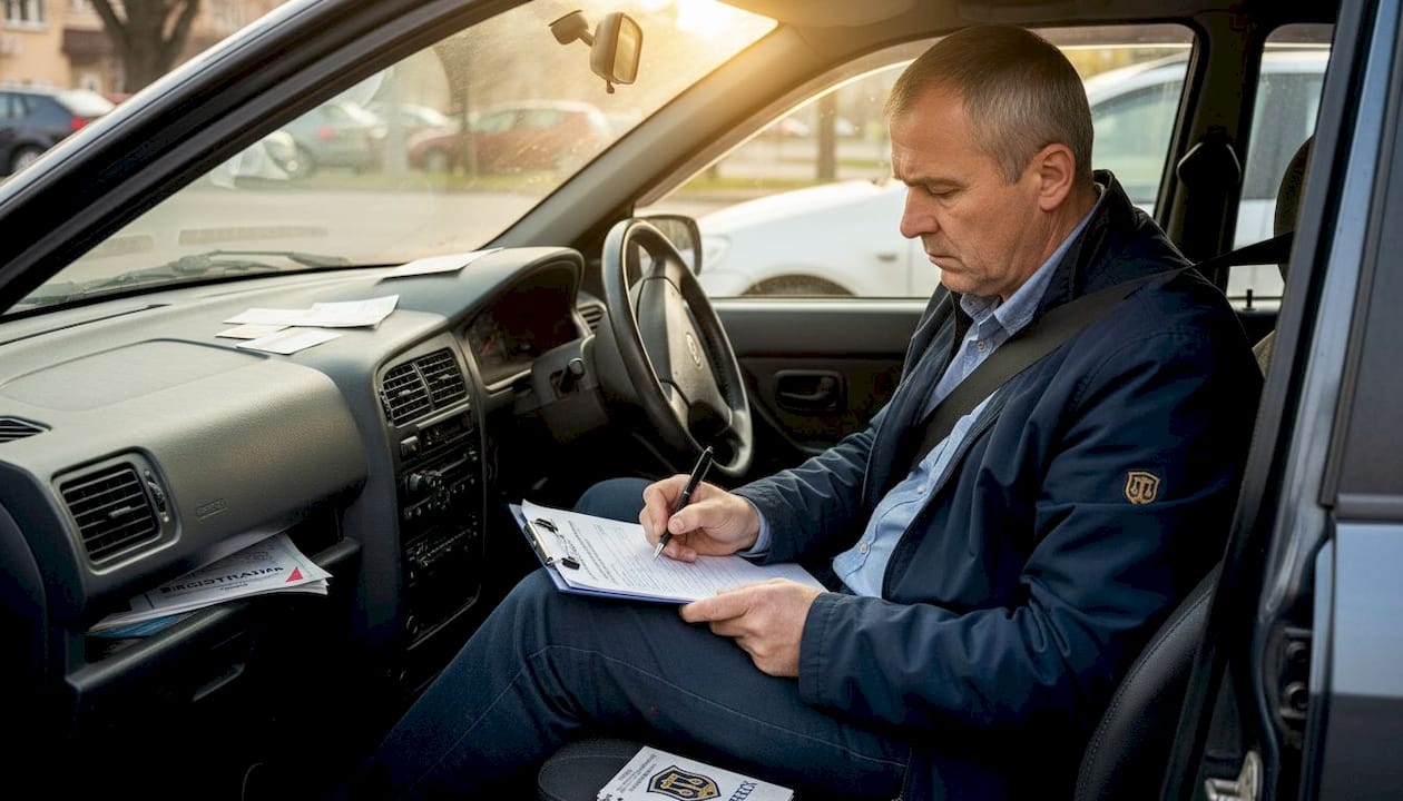 Vozač popunjava zapisnik o saobraćajnoj nezgodi dok sedi u automobilu.