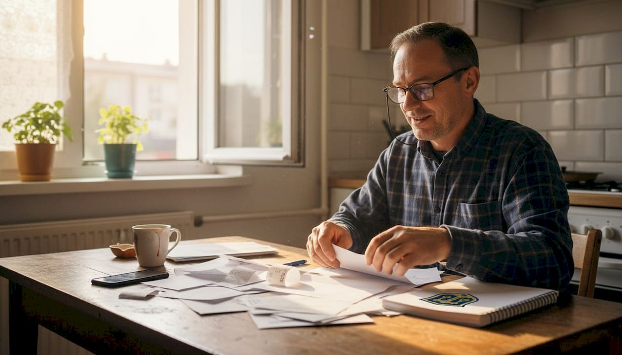 Muškarac za kuhinjskim stolom sređuje papire vezane za osiguranje.