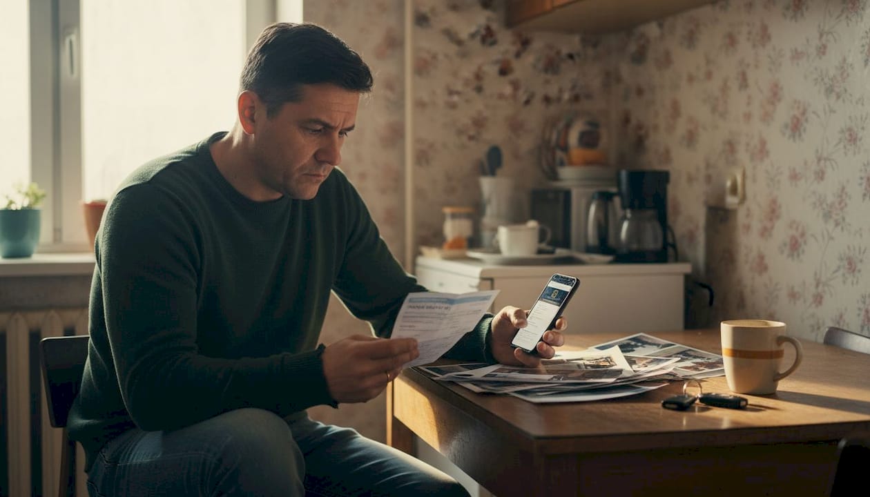 Muškarac sedi za kuhinjskim stolom i detaljno proučava papire od osiguranja za auto.