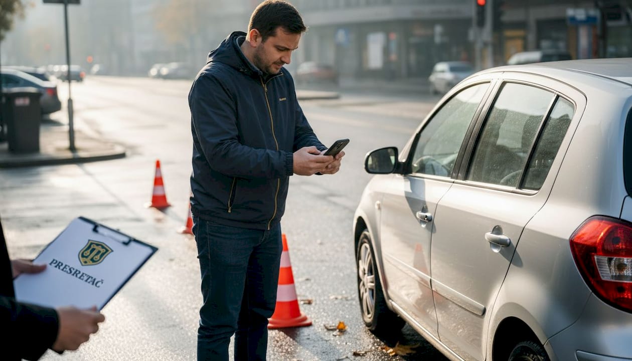 Muškarac snima mesto nesreće telefonom na ulici.