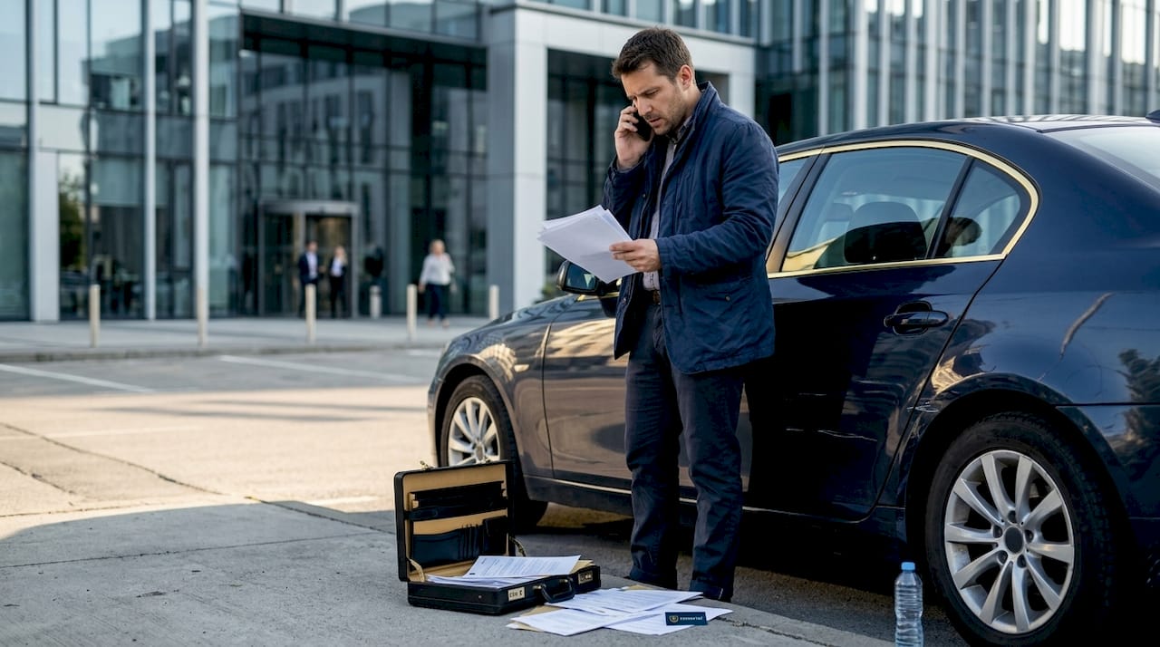 Upoređivanje papira pored auta na parkingu