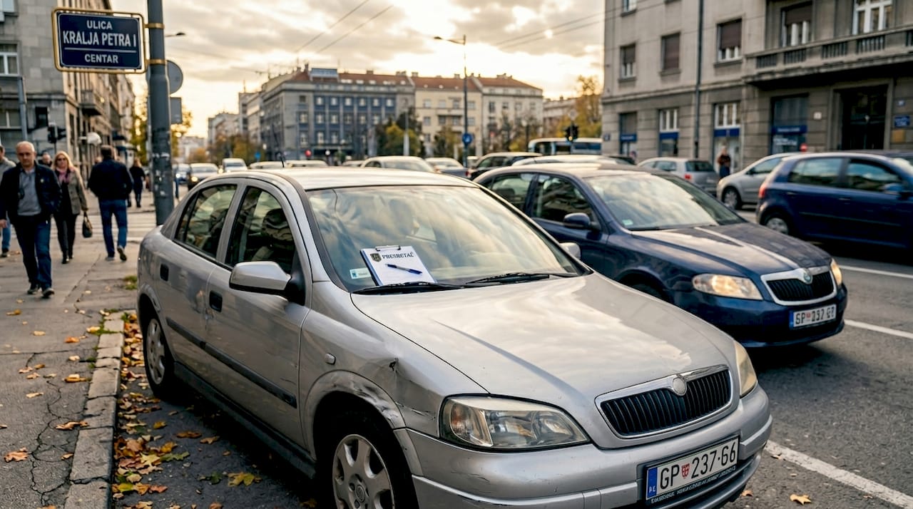 Srebrni automobil sa jasno vidljivim oštećenjima od sudara parkiran napolju.