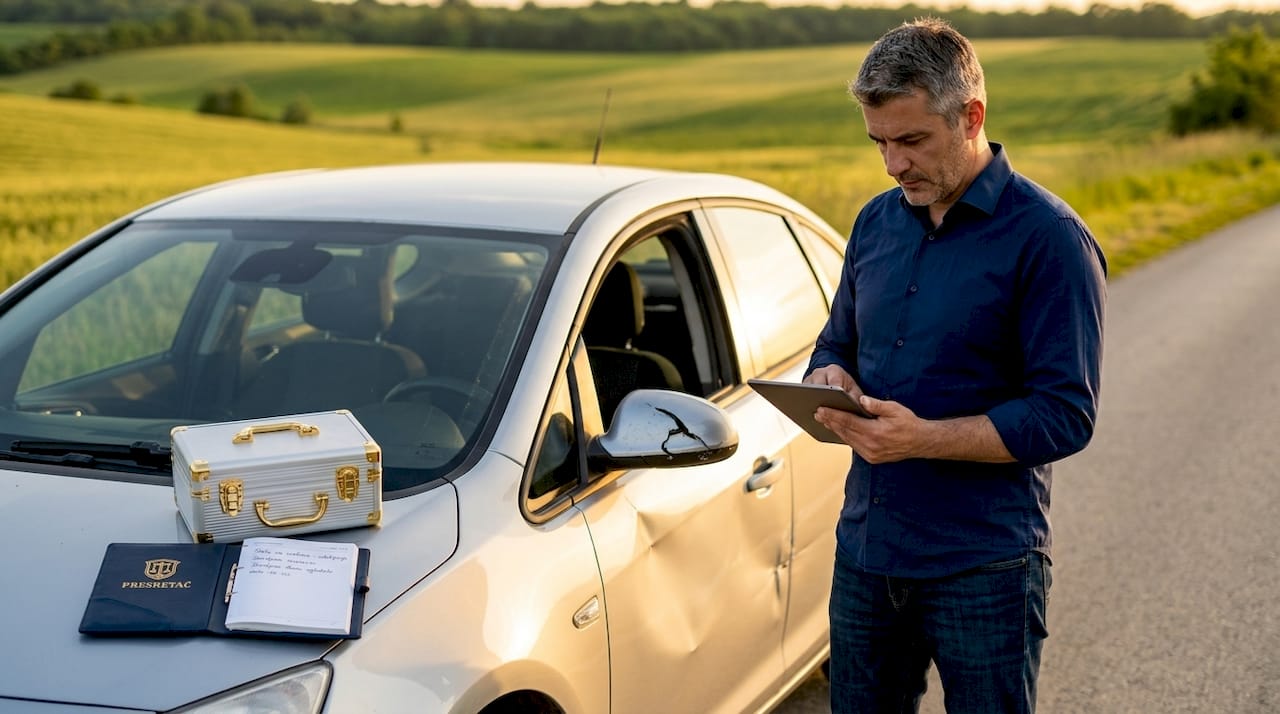 Procena štete na automobilu nakon saobraćajne nezgode od strane osiguravajućeg veštaka.