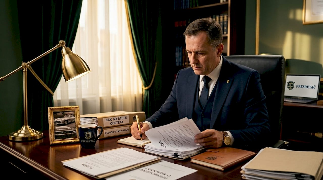 Advokat pažljivo pregleda dokumentaciju vezanu za naknadu štete.