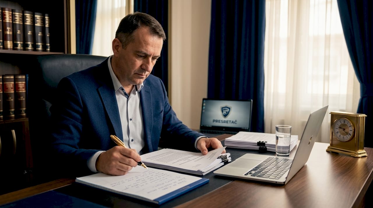 Advokat proučava pravnu dokumentaciju u svom kućnom kabinetu.